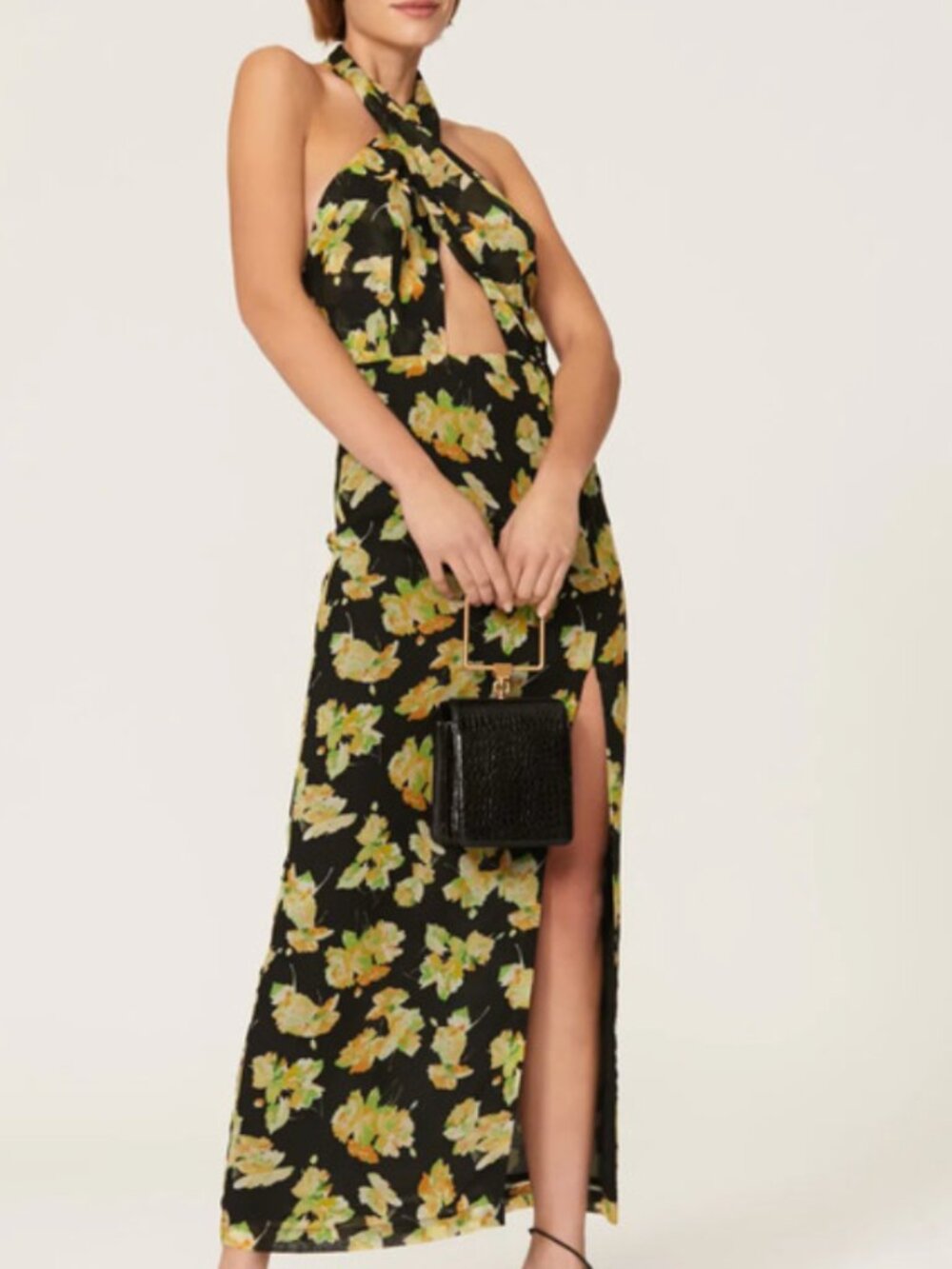 De La Vali Rita Black Floral Halter Dress Sz 8